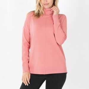 Dusty Rose Front Seam Turtleneck Hi-Low Sweater